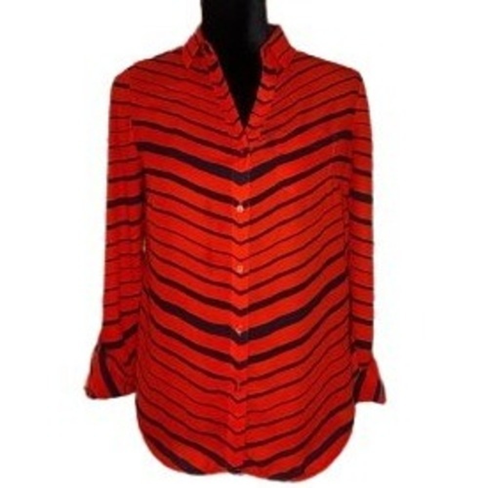 The Limited Button Down Blouse Top Shirt Red Black Stripe Career Casual Women